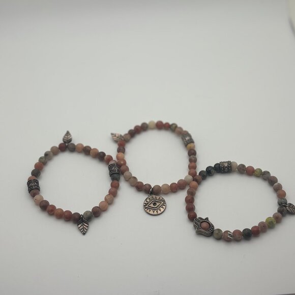 🌸 Set of 3 Natural Stone Beaded Stretch Bracelets - Evil Eye & Hamsa Charm - Picture 2 of 3